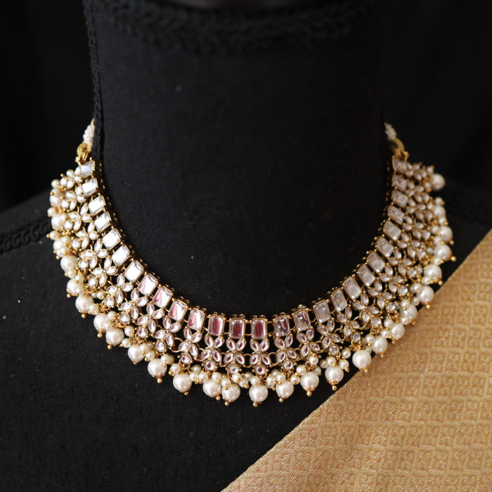 Trendy white bead short necklace with earrings and tikka 13646