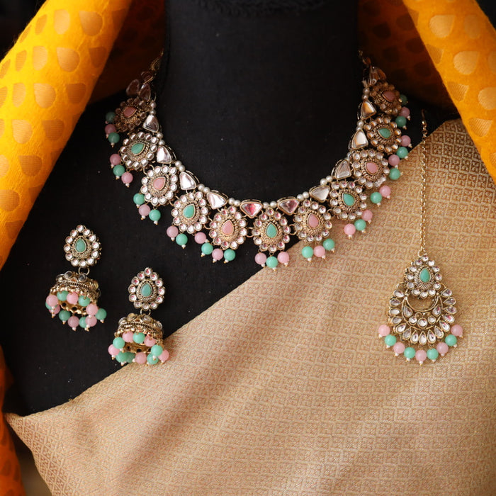 Trendy pink mint bead short necklace with earrings and tikka 134504