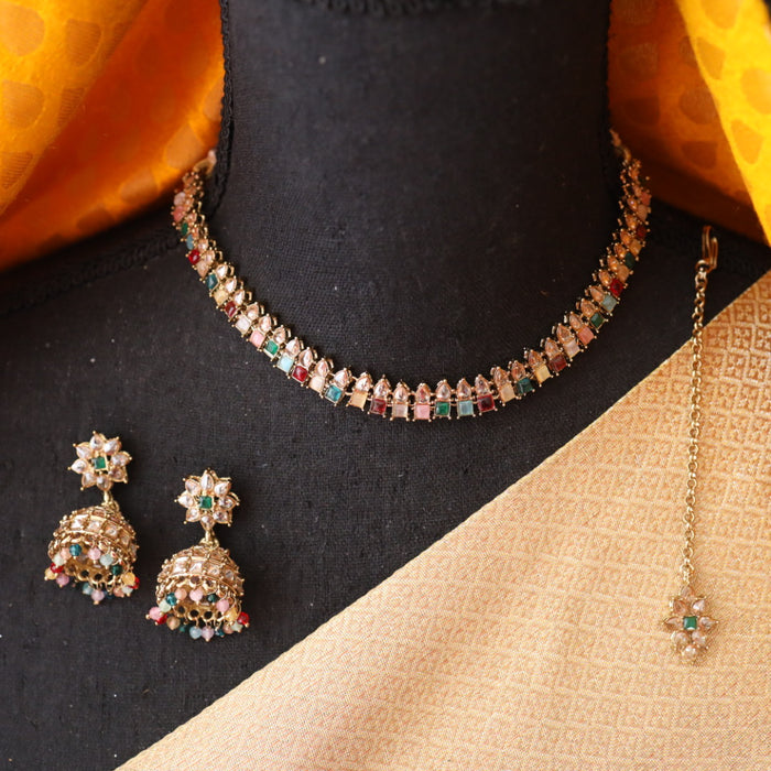 Trendy multi bead choker necklace with earrings and tikka 134511