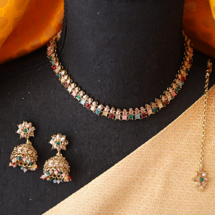 Trendy multi bead choker necklace with earrings and tikka 134511