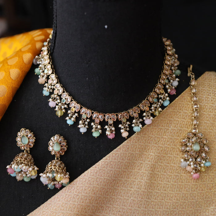 Trendy multi bead choker necklace with earrings 1649899