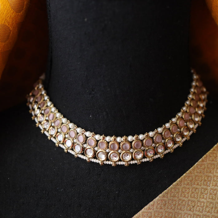 Trendy pink stone choker necklace with earrings 1649444