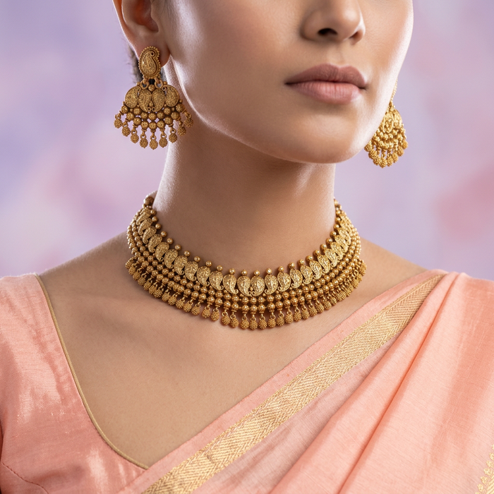 Antique gold short necklace with earrings G1003