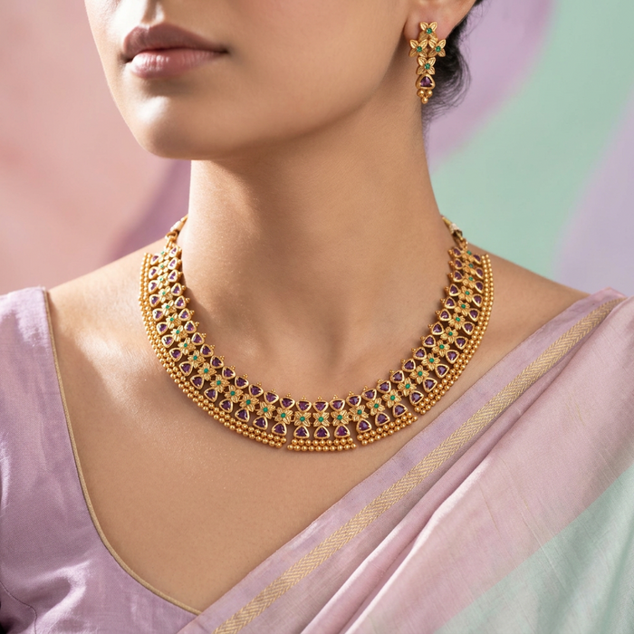 Antique gold simple short necklace with earrings TTS4050