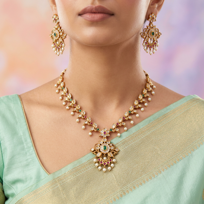 Antique simple stone short necklace with earrings TTS4048