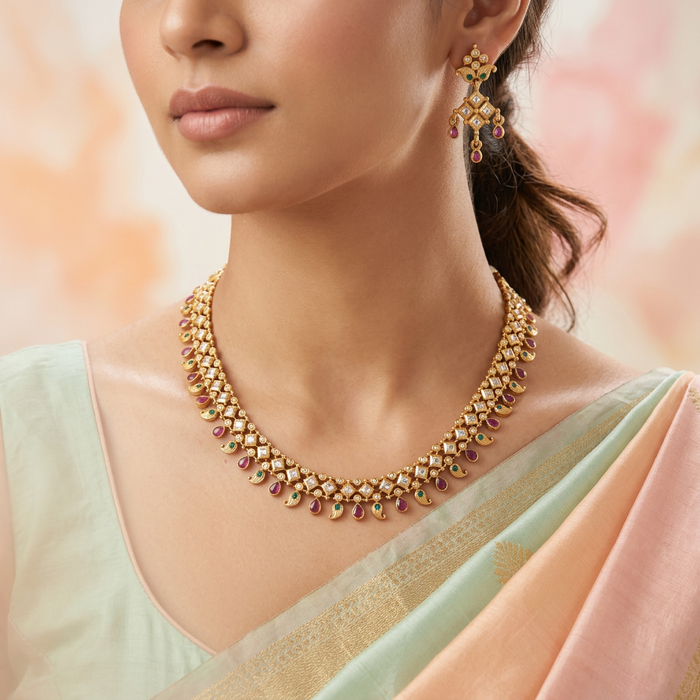 Antique simple stone short necklace with earrings TTS4043