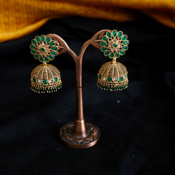 Antique green stone and pearl  jumka earrings 124668