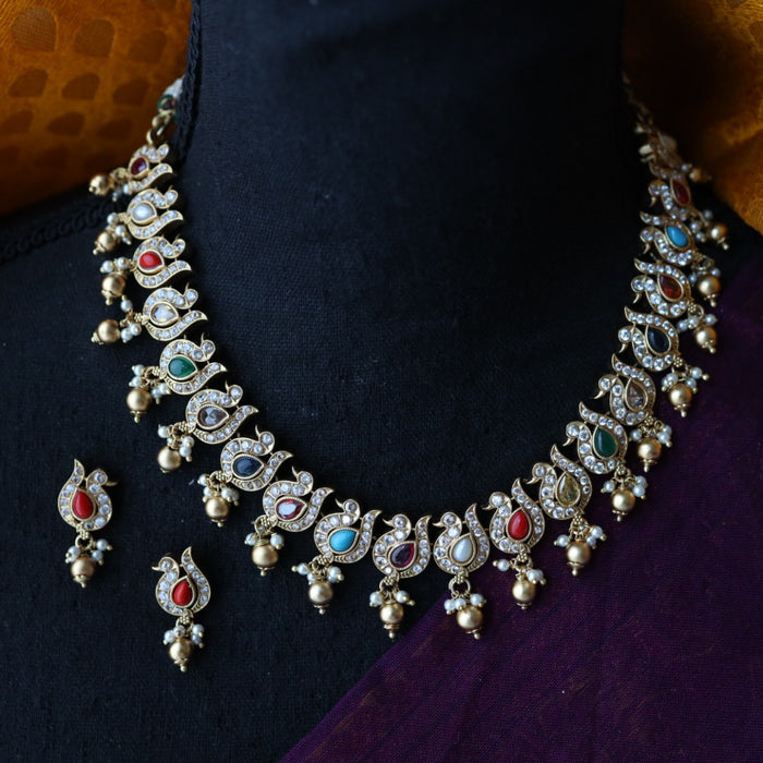 Padmini Antique navarathnam stone short necklace with earrings PAD0100