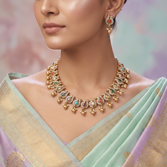 Padmini Antique navarathnam stone short necklace with earrings PAD0100