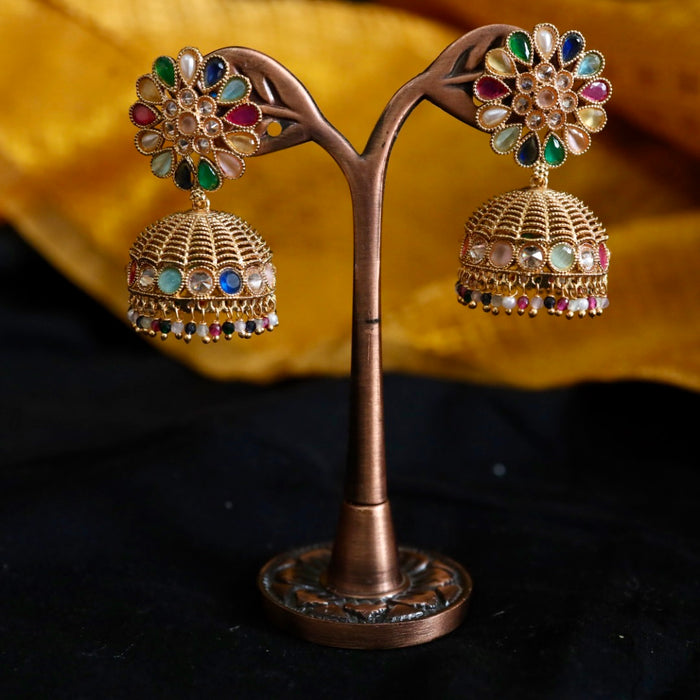 Antique gold multi stone and pearl jumka earrings 124655