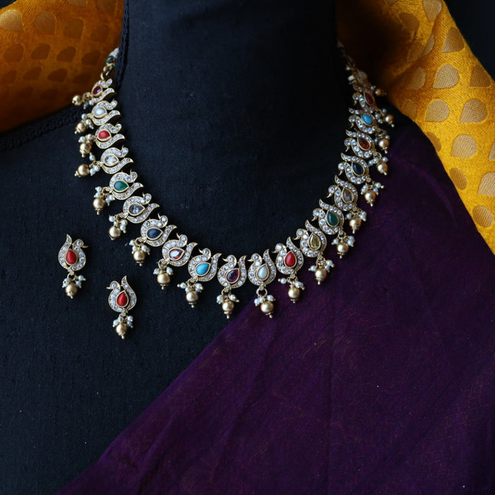 Padmini Antique navarathnam stone short necklace with earrings PAD0100