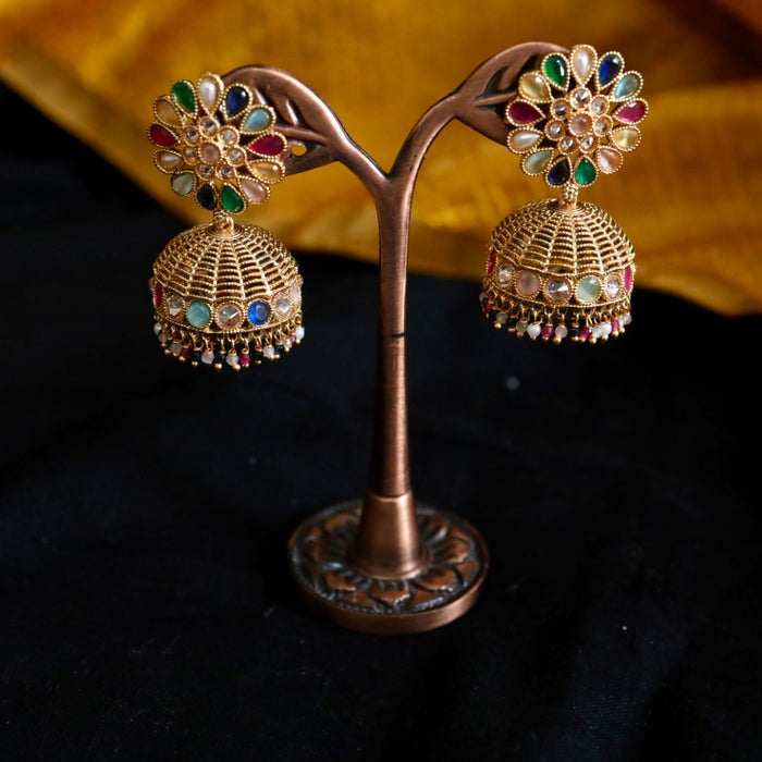 Antique gold multi stone and pearl jumka earrings 124655