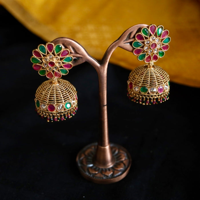 Antique gold  ruby green stone and pearl jumka earrings 23021