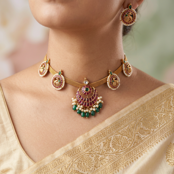 Antique short necklace with earrings TTS410