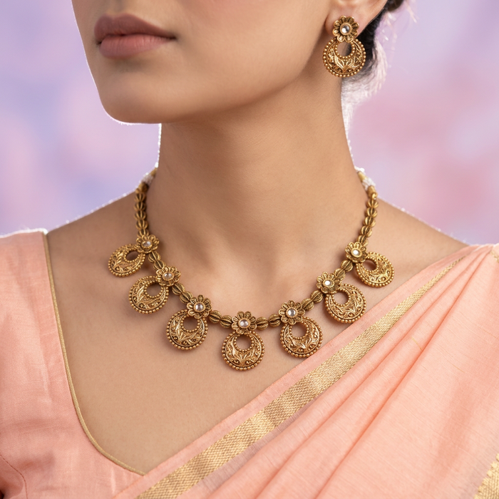 Antique gold short necklace with earrings G1024