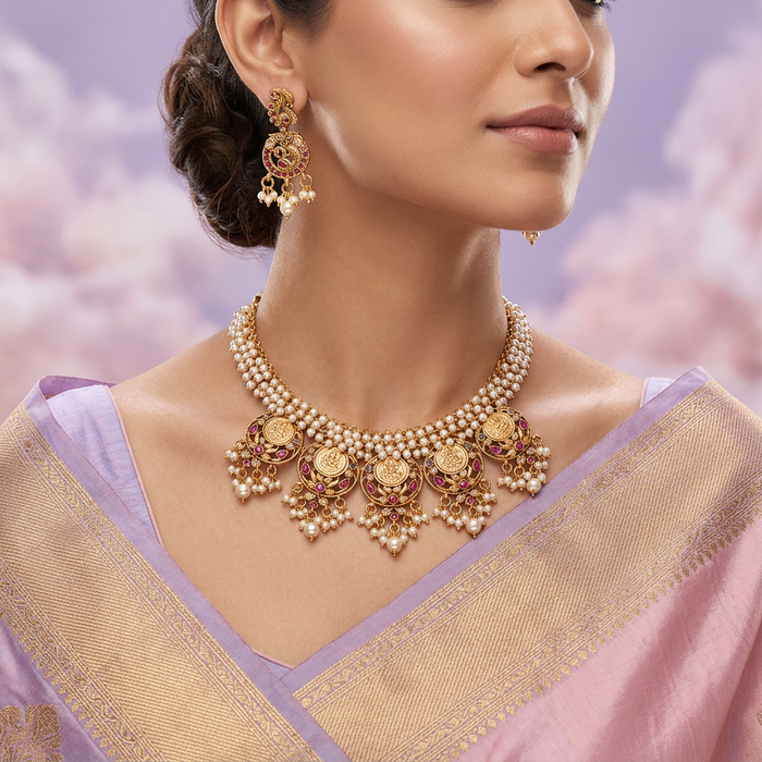 Antique pearl short necklace with earrings SS13001