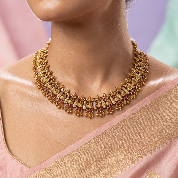 Antique temple  gold short necklace with earrings G1006
