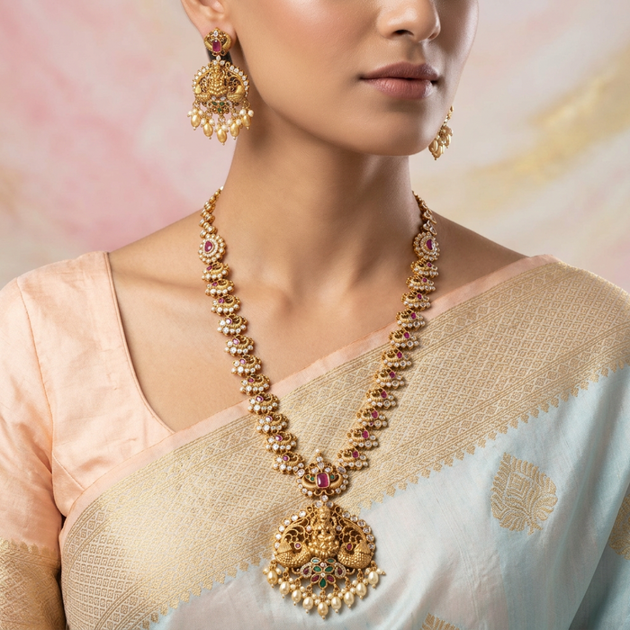Antique temple design long necklace with earrings LL01022