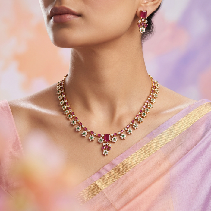 Antique ruby white short necklace with earrings  TTS4078