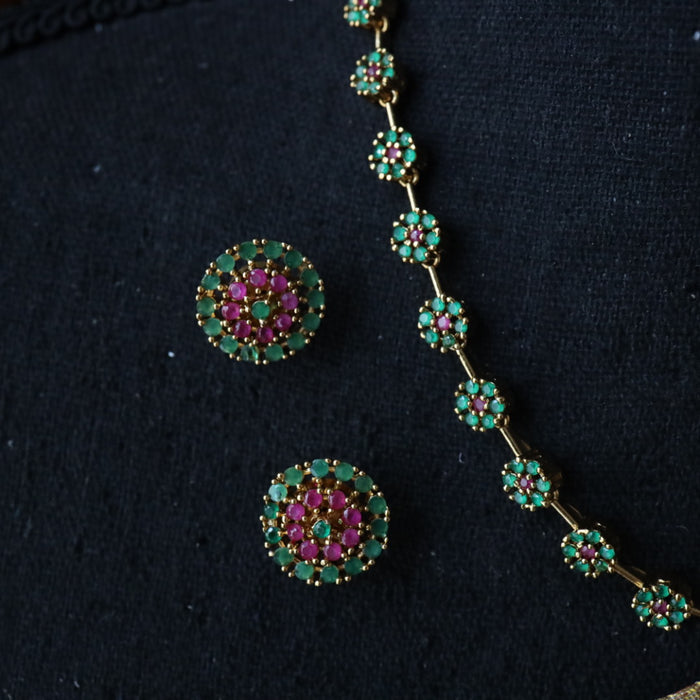 Antique ruby green stone simple short necklace with earrings 988868