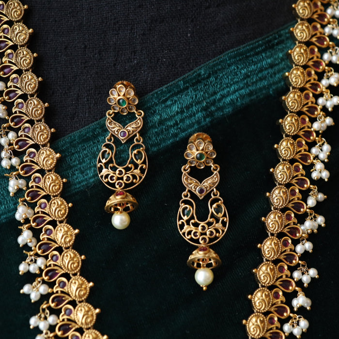 Antique gold and pearl long necklace with earrings LL04059