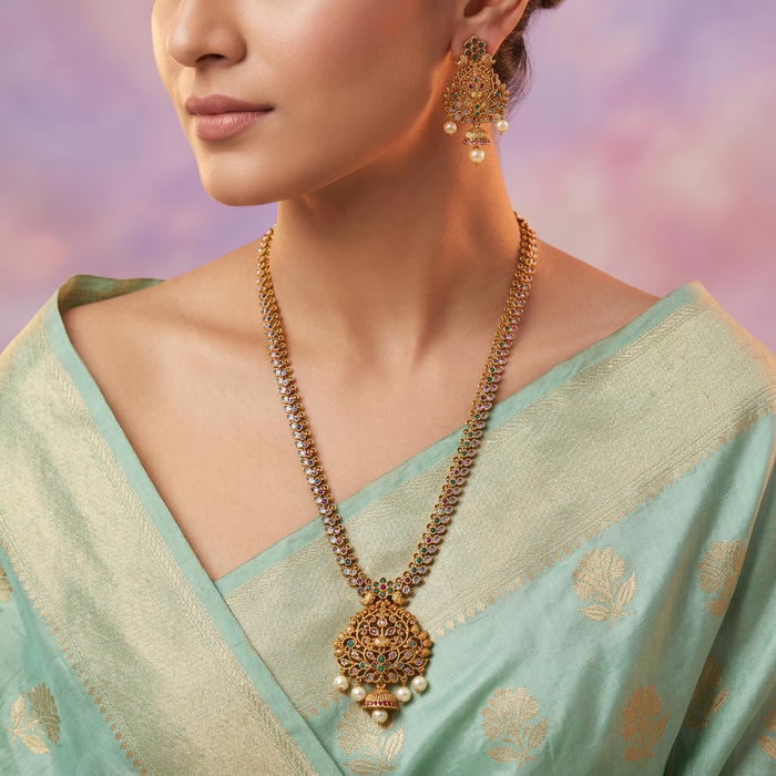 Antique gold and pearl long necklace with earrings LL04067