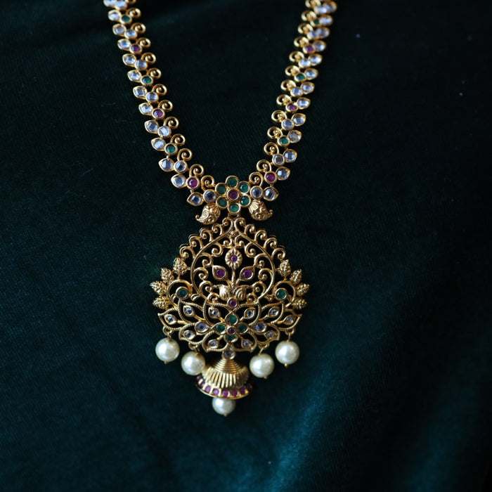 Antique gold and pearl long necklace with earrings LL04067