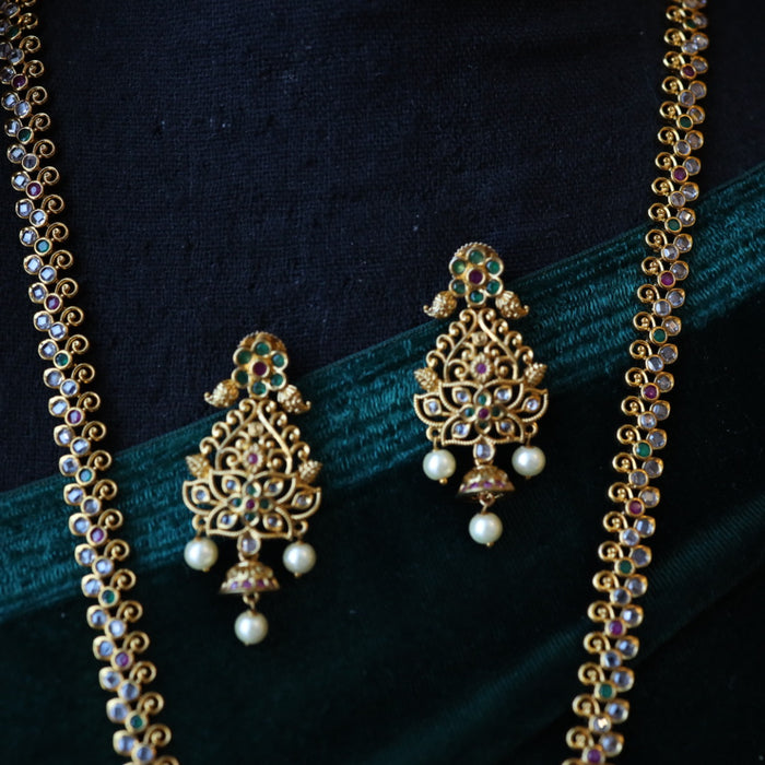 Antique gold and pearl long necklace with earrings LL04067