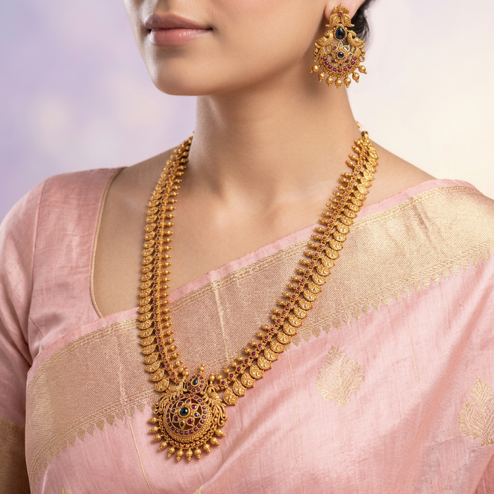 Antique coin long necklace with earrings LL03092