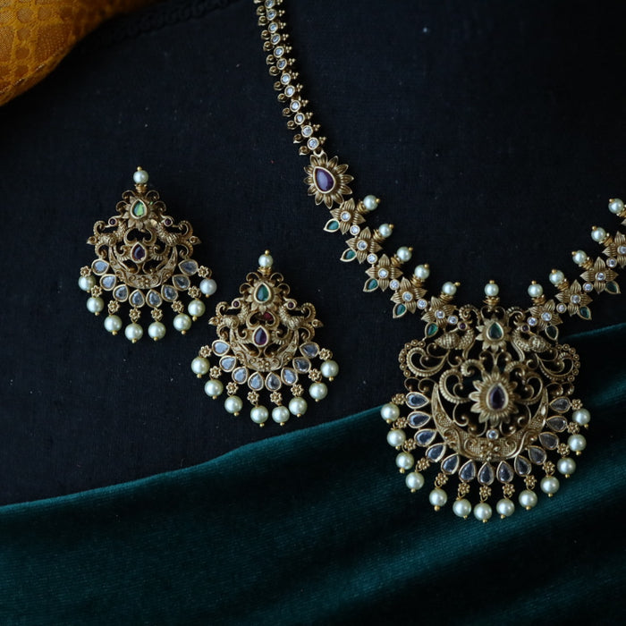 Antique temple design short necklace and earrings 8945006