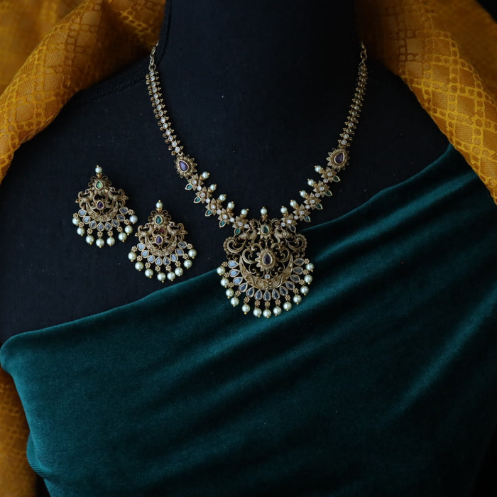 Antique temple design short necklace and earrings 8945006