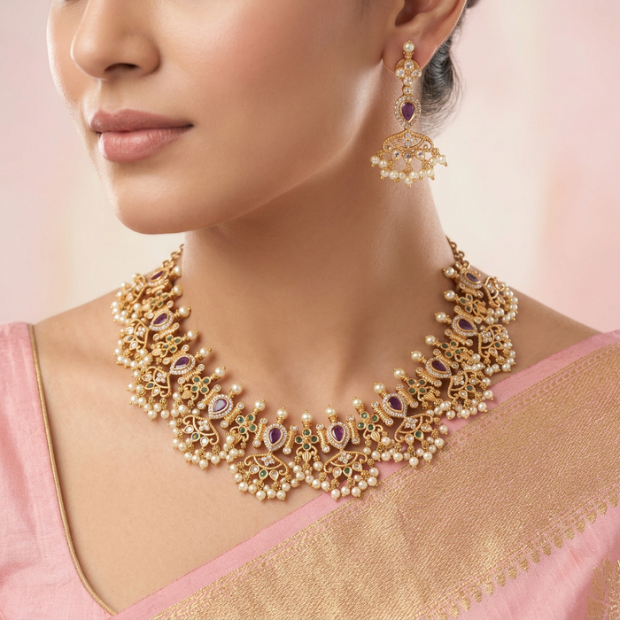 Antique pearl short necklace and earrings SS12017
