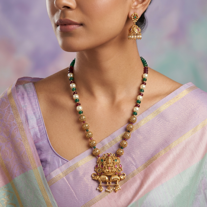 Padmini green pearl Antique temple long necklace with earrings PAD058