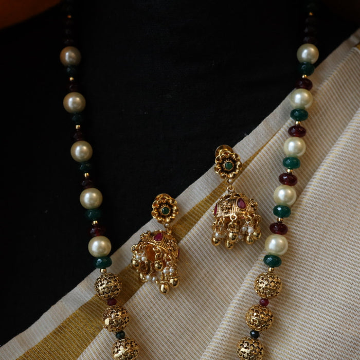 Padmini green pearl Antique temple long necklace with earrings PAD058