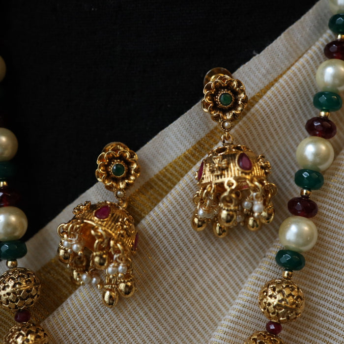 Padmini green pearl Antique temple long necklace with earrings PAD058