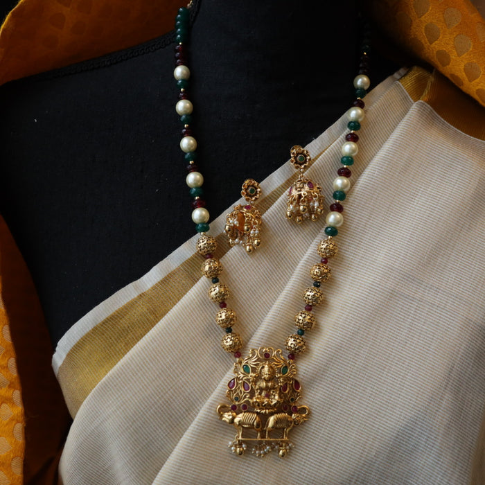 Padmini green pearl Antique temple long necklace with earrings PAD058