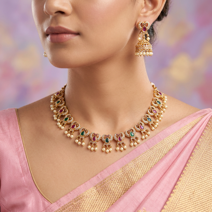 Antique pearl short necklace with earrings SS12003