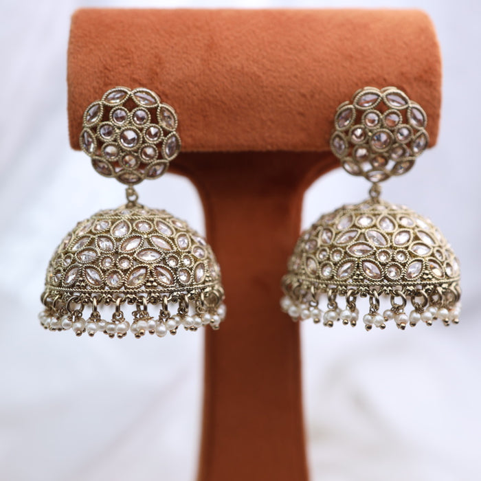 Trendy antique stone and pearls jumka earrings 23047