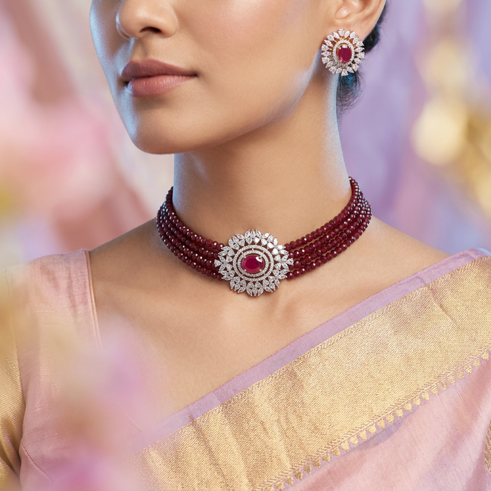 Cz stone red bead choker with earrings BEAD107