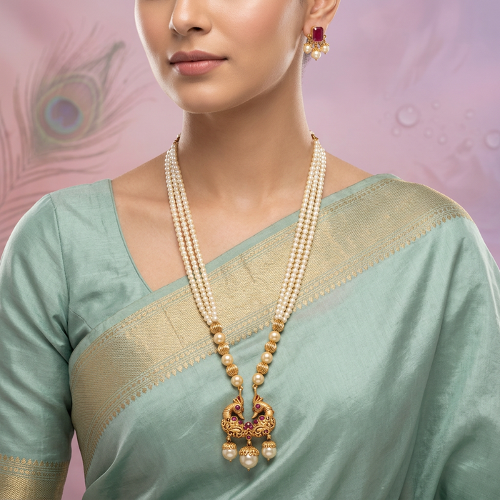 Padmini pearl simple long necklace with earring PAD069