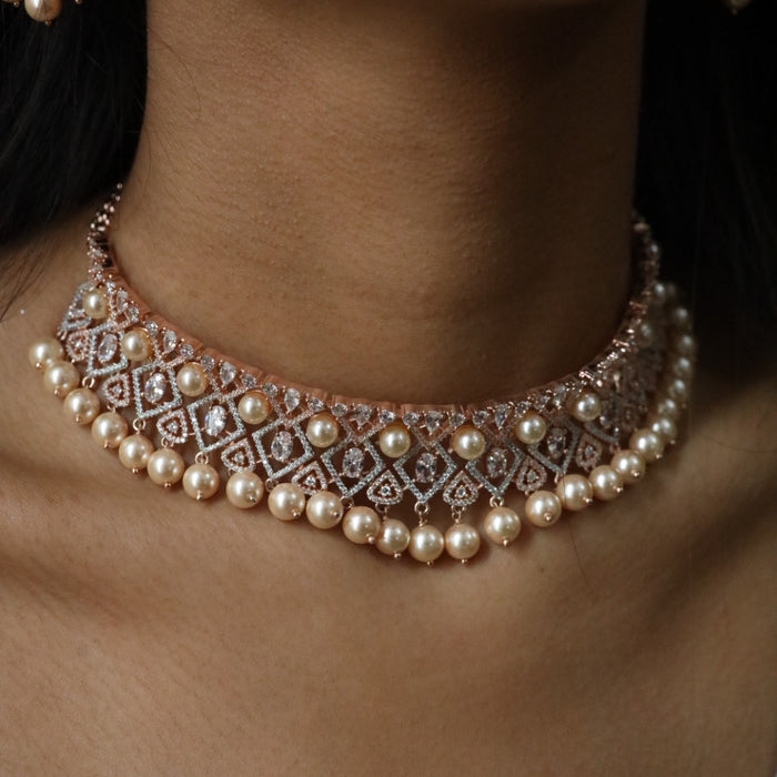 Rosegold tone pearl choker necklace with earrings 144900