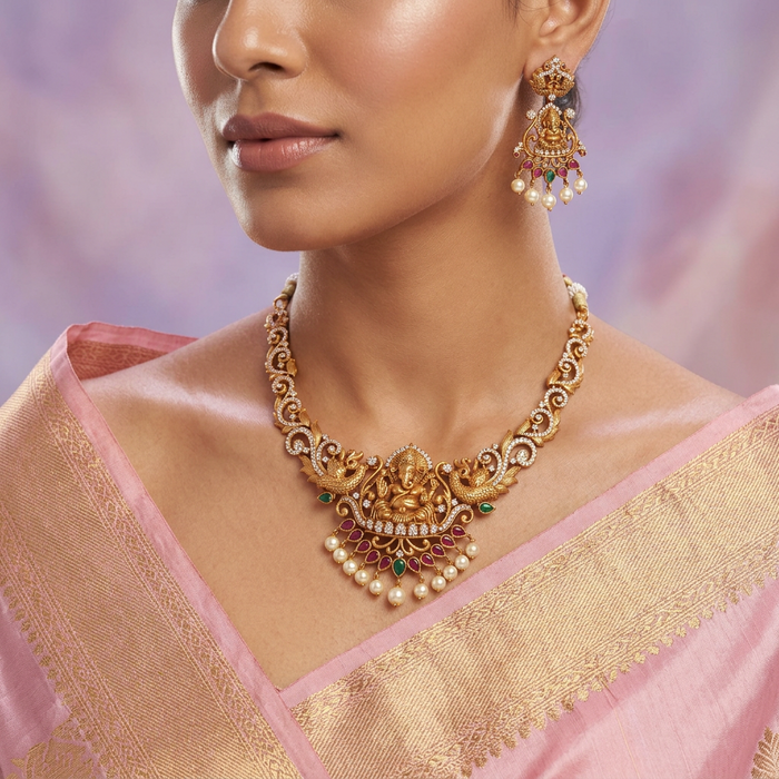 Antique temple design short necklace with earrings SS11109