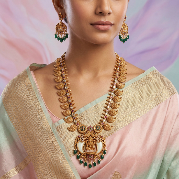 Antique mango and temple  design long necklace with earrings LL04101