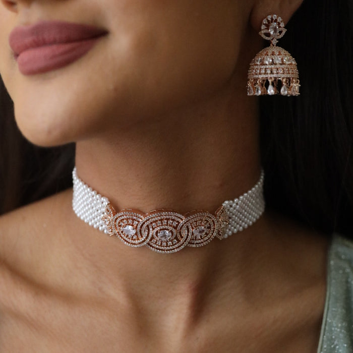 Rosegold tone pearl choker necklace with jumka 144890