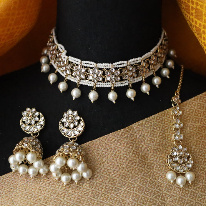 Heera white Kundan stone and pearls necklace with earrings and tikka 17655