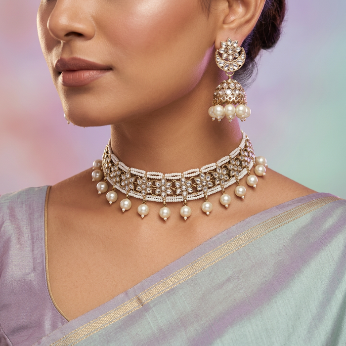 Heera white Kundan stone and pearls necklace with earrings and tikka 17655