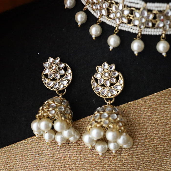 Heera white Kundan stone and pearls necklace with earrings and tikka 17655