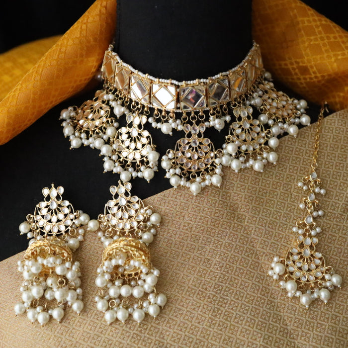 Heera white Kundan stone and pearls necklace with earrings and tikka 176344