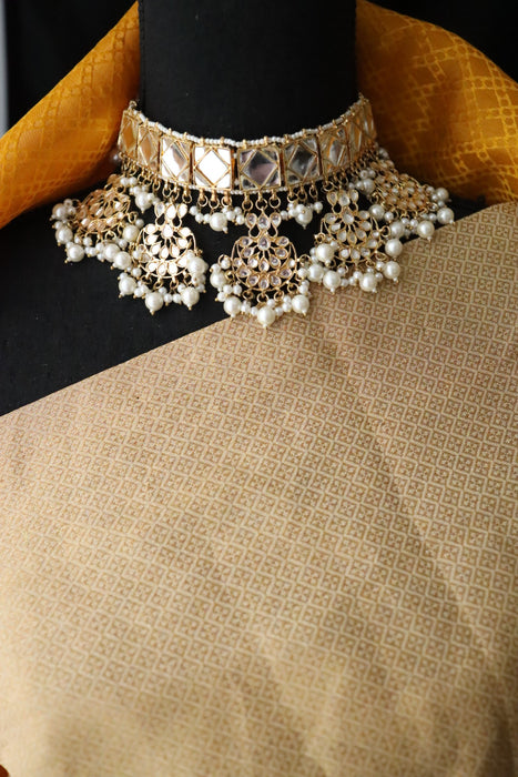 Heera white Kundan stone and pearls necklace with earrings and tikka 176344