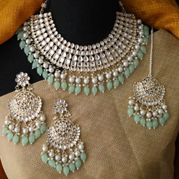 Heera white Kundan stone and mint pearls necklace with earrings and tikka 1763322